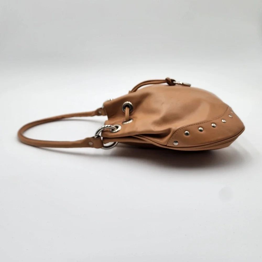 Furla Hobo Shoulder Bag Tan Soft Smooth Leather Drawstring Studded Authentic